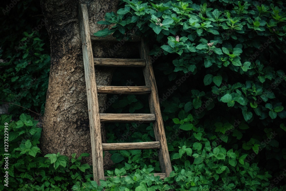 Rustic wooden ladder resting against a sturdy tree in a green woodland. Generative AI Rustic wooden ladder resting against a sturdy tree in a green woodland. Generative AI