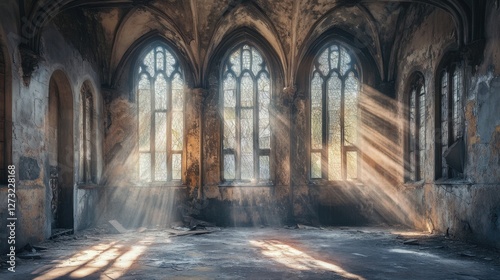 An abandoned building with dramatic light streaming through broken windows, creating a somber yet captivating atmosphere.