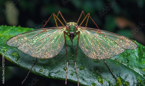 Close-up of a green insect with translucent wings on a leaf.