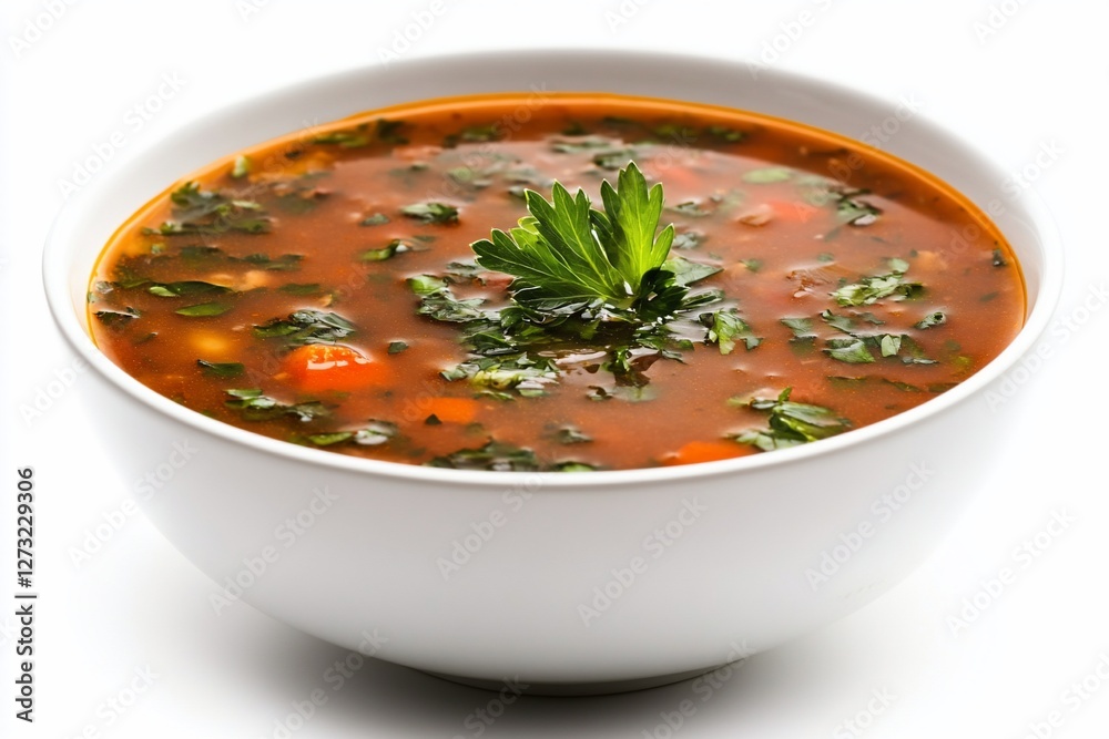 A bowl of hearty vegetable soup garnished with fresh parsley. A bowl of hearty vegetable soup garnished with fresh parsley.