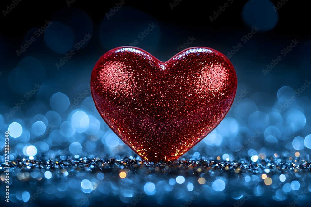 Fototapeta premium Sparkling Red Heart with Glitter Against Soft Blue Bokeh Background for Valentine's Day Design