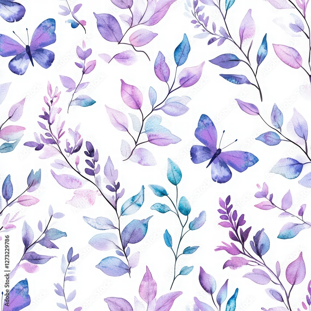 Fototapeta premium Watercolor floral pattern, pastel colors, lavender and teal leaves, butterflies, on a white background. tulips, lavender purple flowers, green leaves