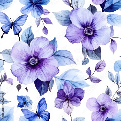 Watercolor floral pattern, pastel colors, lavender and teal leaves, butterflies, on a white background. tulips, lavender purple flowers, green leaves