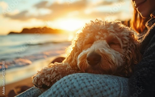 goldendoodle sleeping on owners lap by the ocean