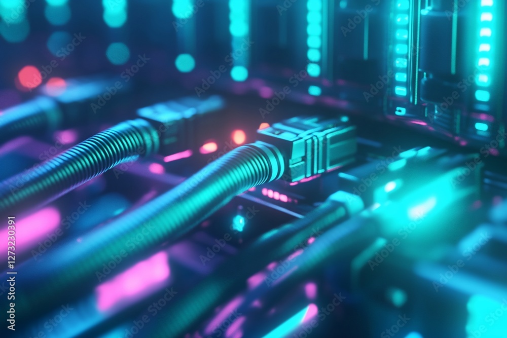 Fototapeta premium Close-up of network cables connected to server hardware with vibrant neon lighting.