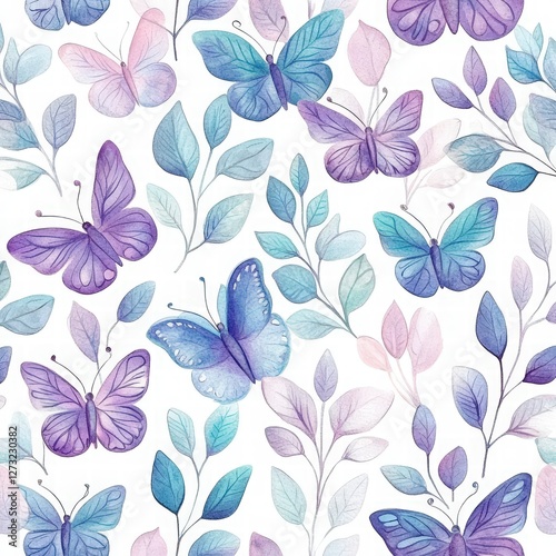 Wallpaper Mural Watercolor floral pattern, pastel colors, lavender and teal leaves, butterflies, on a white background. tulips, lavender purple flowers, green leaves Torontodigital.ca
