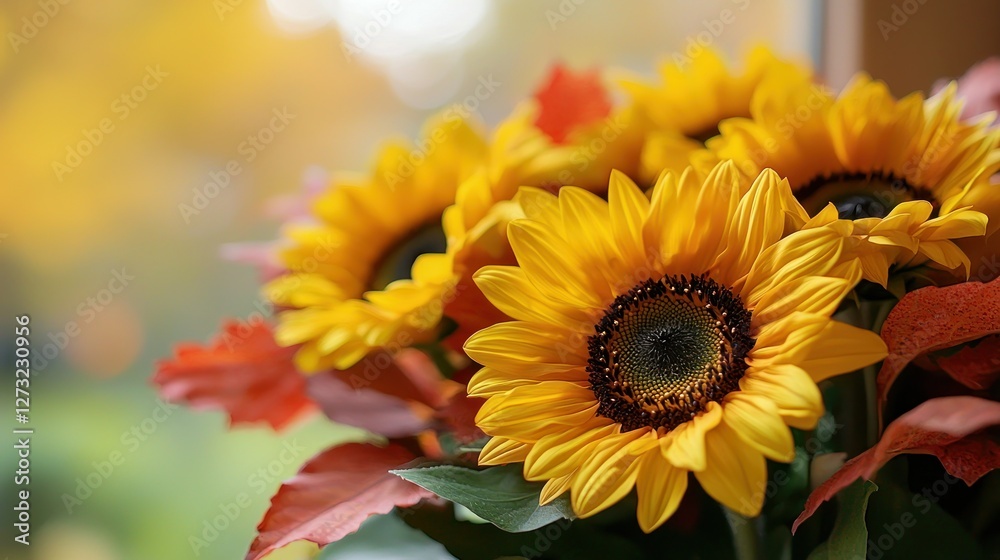 Obraz premium Autumn sunflowers by window, blurred background