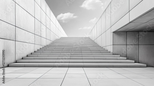 Staircase leading to an open space with concrete architecture under a cloudy sky photo