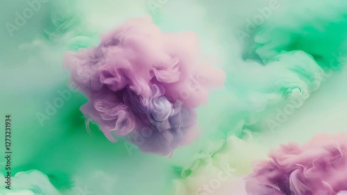 Animated abstract smoky swirl background texture in soft pastel green, pink, purple color.