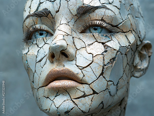 a person's face with a cracked, peeling texture, giving it an aged or weathered appearance. The background consists of a similar cracked texture, creating a cohesive visual effect.