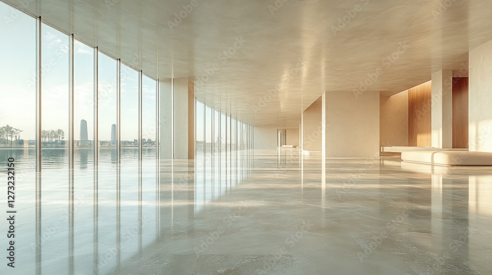 Naklejka premium Modern Empty Interior, City View, Minimalist Architecture, Empty Hallway, Commercial Space