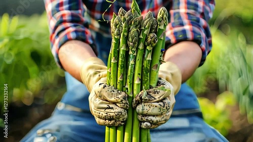 a farmer harvests asparagus close-up