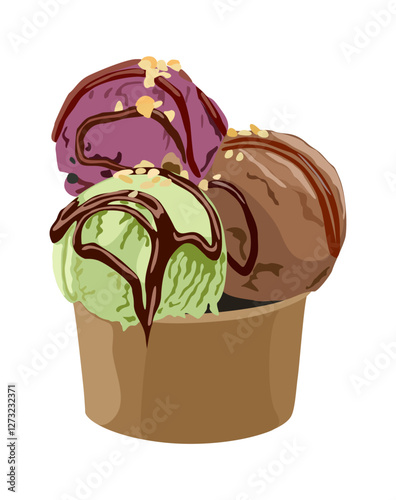 Ice cream in paper cup. Three scoops with different flavors. Colorful icecream balls blackberry, pistacchio and chocolate. Vector realistic illustration isolated