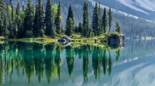 A serene lake with a forest in the background