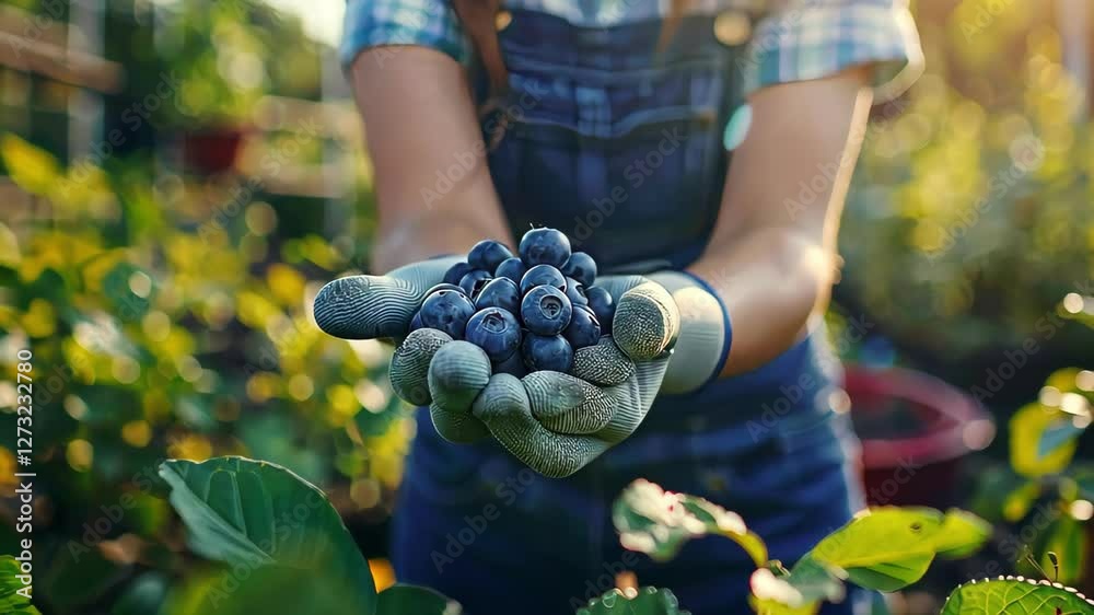 female farmer close-up harvests blueberries