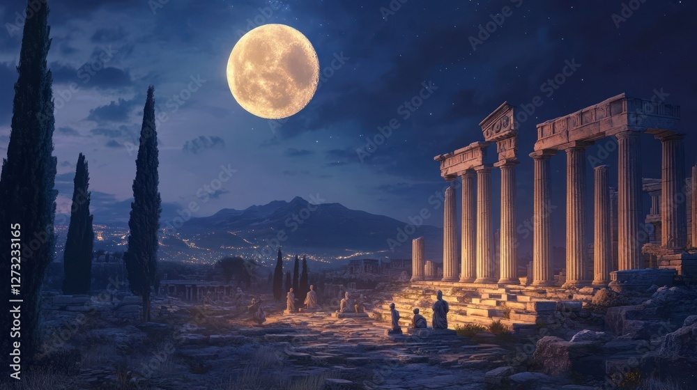 Fototapeta premium Night scene, ancient ruins, full moon, mountains, travel poster