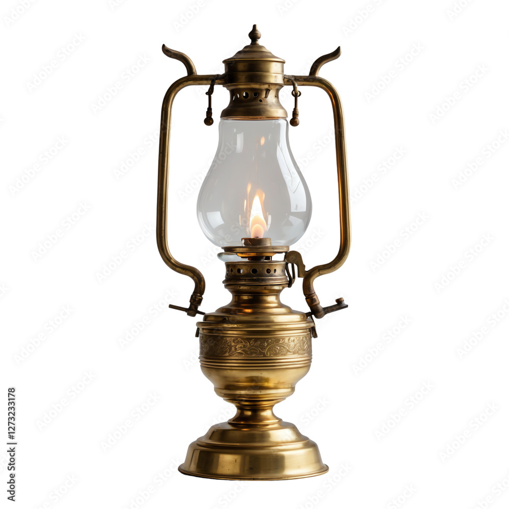 Antique Brass Oil Lamp with Glass and Flame Isolated on Transparent Background. Antique Brass Oil Lamp with Glass and Flame Isolated on Transparent Background.