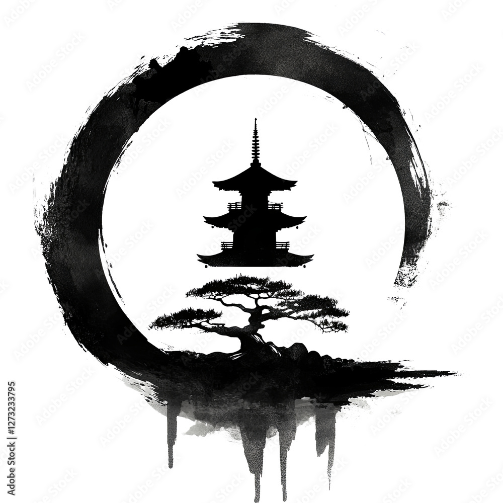 Fototapeta premium Classic Chinese Ink Painting of a Pagoda
