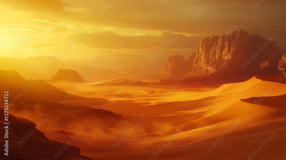 Stunning desert landscape under a warm sunset. Endless golden dunes stretch towards distant rocky formations. A serene spot for adventure and exploration. Generative AI. Stunning desert landscape under a warm sunset. Endless golden dunes stretch towards distant rocky formations. A serene spot for adventure and exploration. Generative AI.
