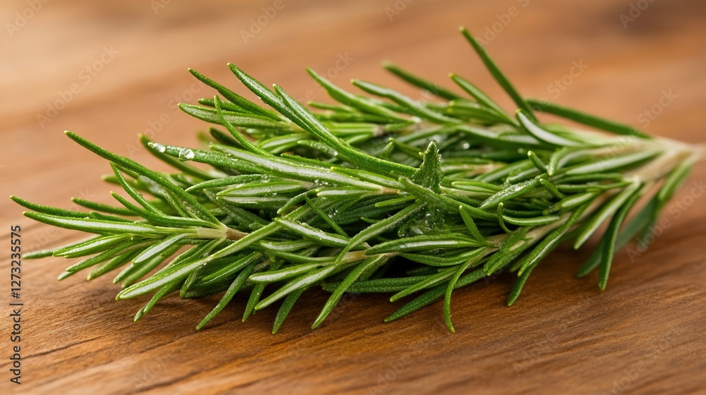 Fresh rosemary sprig on wooden surface. Fresh rosemary sprig on wooden surface.