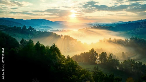 sunrise in the mountains, sunrise over foggy forest