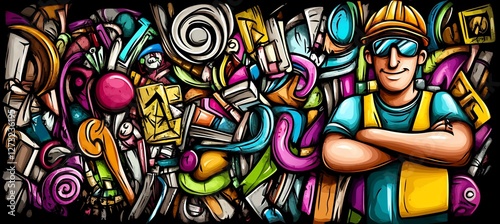 Wallpaper Mural Cartoon construction worker amidst colorful tools and supplies. Torontodigital.ca