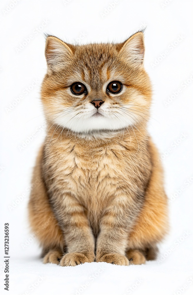 Fototapeta premium Adorable golden British shorthair kitten sitting on white background.