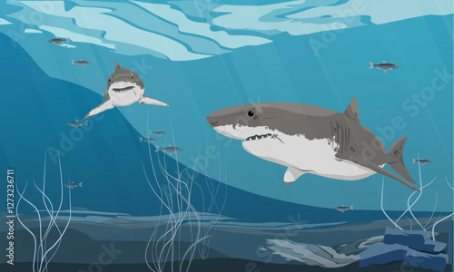 A pair of great white sharks swim in the cold sea. The bottom of the sea with algae and fish. Realistic vector landscape