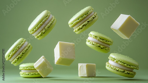 Green macarons and white chocolate cubes floating on green. photo