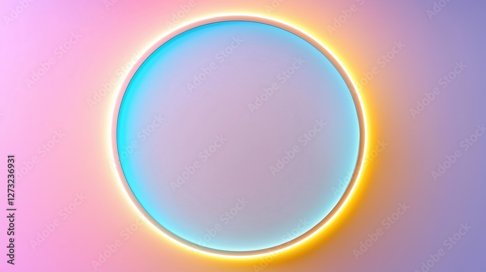 Fototapeta premium Colorful glowing circle with neon hues on pastel gradient background. Abstract art and modern design