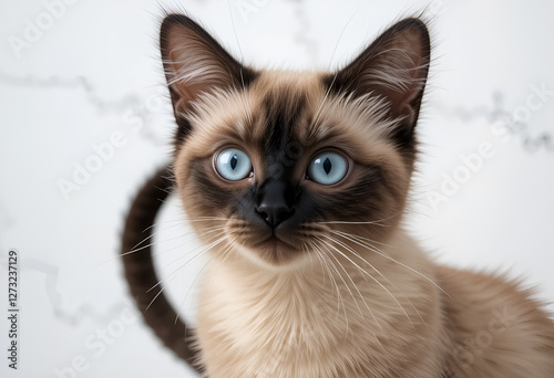 A Siamese cat with bright blue eyes sits by the window. His well-groomed coat contrasts with the black mask on his muzzle, creating a spectacular image.