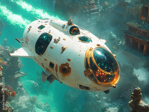 Wallpaper Mural a futuristic submarine-like spacecraft hovering above a underwater city with intricate architectural designs. The spacecraft has a green-lit front and detailed gold accents. Torontodigital.ca