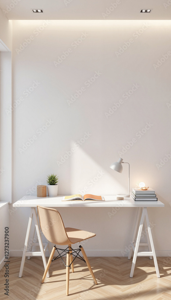 Fototapeta premium Sleek modern workspace with minimalist desk and bright lighting, productivity