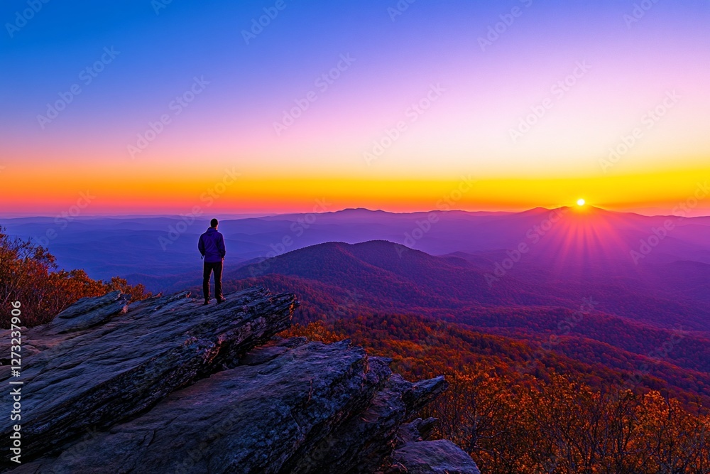 Fototapeta premium Man silhouetted against vibrant sunset over mountain range.