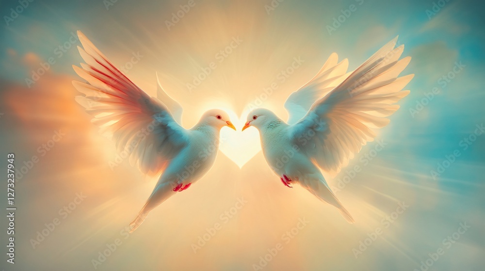 Obraz premium Two white doves forming heart shape in sunrise.