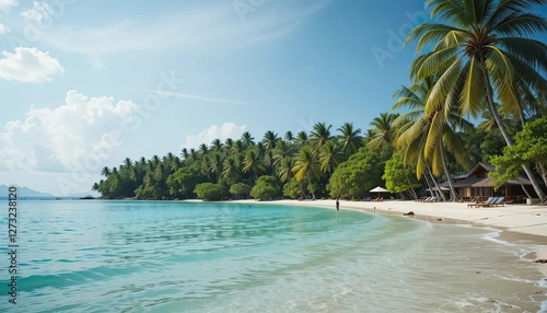 A tropical island paradise with palm trees, turquoise waters, and white sand, offering a serene escape into a lush, unspoiled environment.
