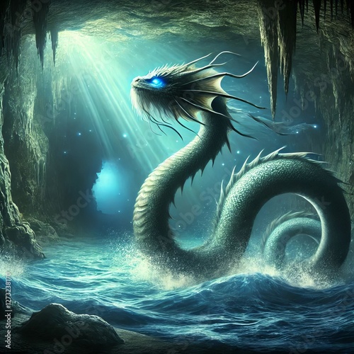 A mythical sea serpent weaving through underwater caves evoking photo