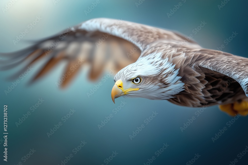 Obraz premium Bald eagle flying with intense gaze and detailed feathers. strength, wildlife
