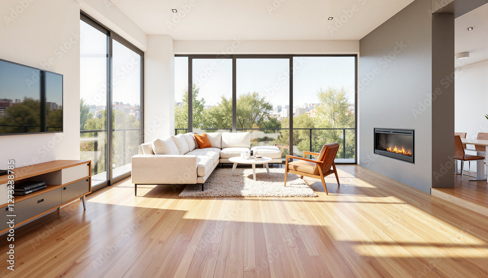 Fototapeta premium Modern open-concept living room with natural light, stylish design