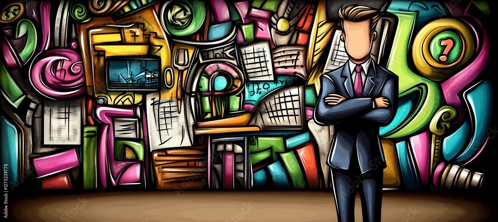 Obraz premium Businessman standing before a colorful, doodle-style business-themed wall mural.