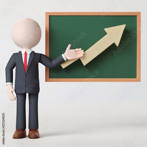 Business Leadership and Development: Businessman Illustrating Growth with an Arrow on a Chalkboard