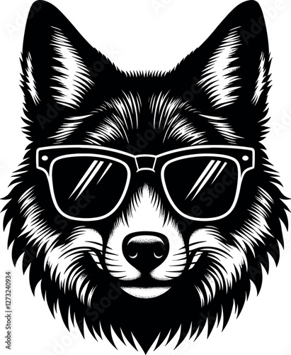 Coyote with Glasses vector black silhouette print design photo