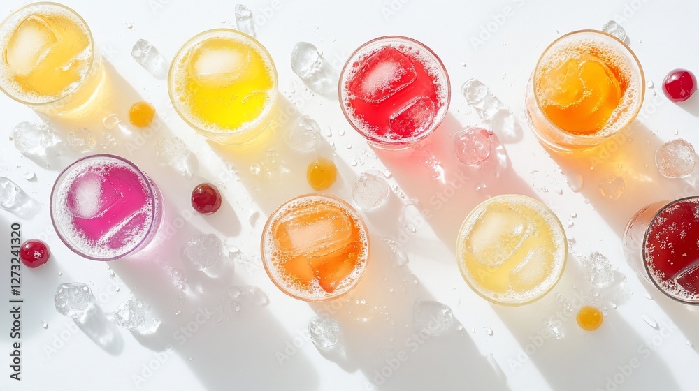 Colorful iced drinks in glasses with ice cubes and berries overhead shot. Colorful iced drinks in glasses with ice cubes and berries overhead shot.