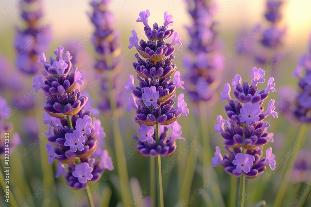 Obraz premium Three Lavender Flowers Basking In Golden Sunlight