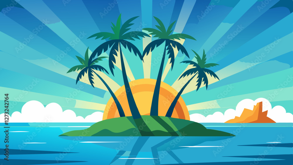 Obraz premium Tropical Sunset Over a Serene Island Oasis Digital Illustration Calm Environment Vibrant Viewpoint Nature Concept