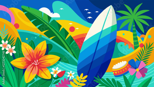 Vibrant Surf Culture Celebration Tropical Paradise Digital Art Lush Environment Colorful Viewpoint Creative Concept