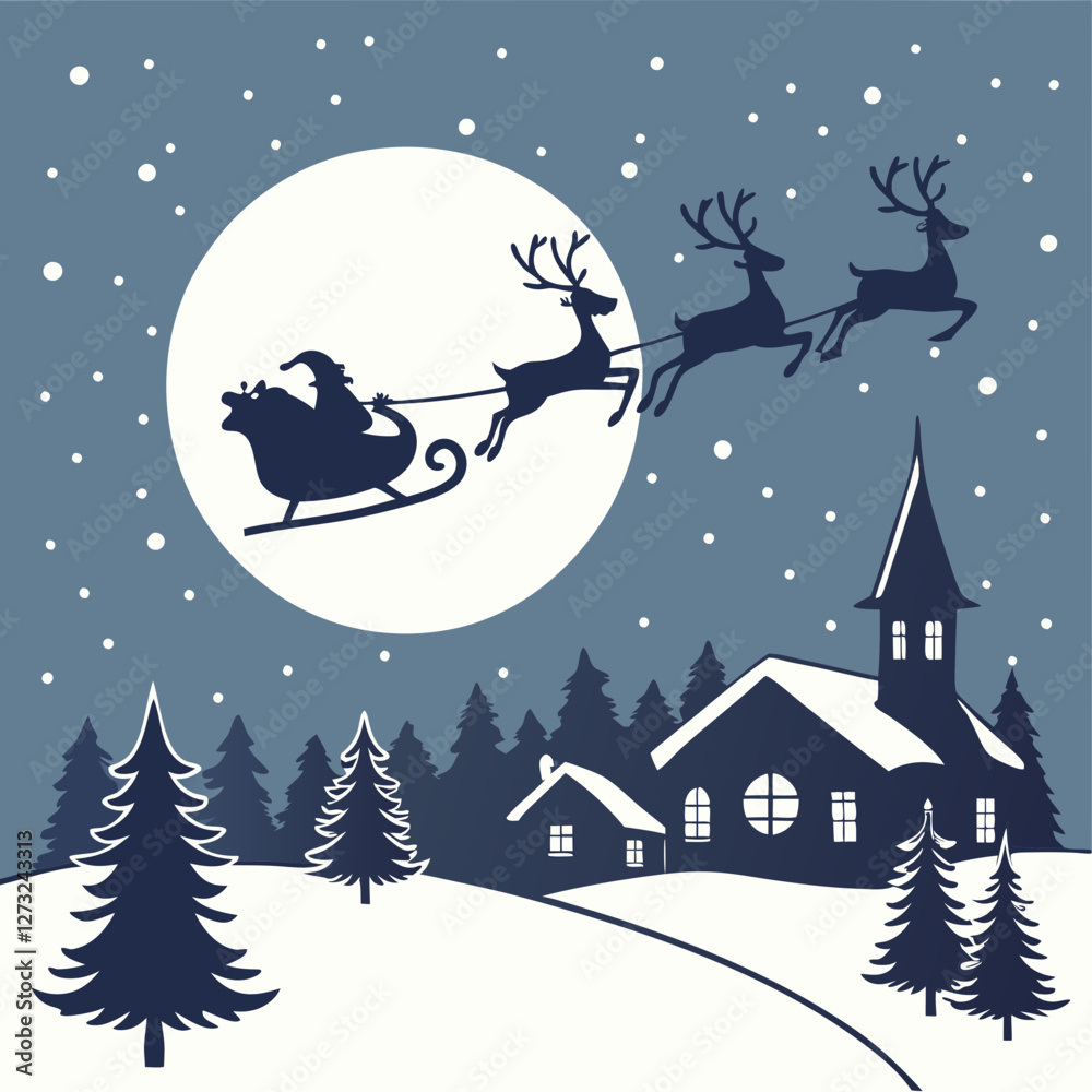 Fototapeta premium Santa's Sleigh Ride with Reindeer Enchanted Winter Landscape Digital Art Nighttime Scene Whimsical Concept
