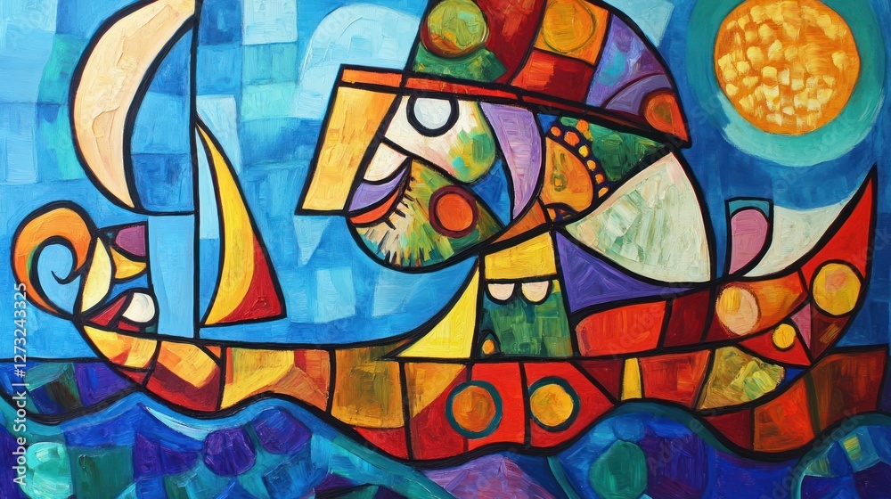 Abstract painting depicting a sailboat on the ocean at night Abstract painting depicting a sailboat on the ocean at night