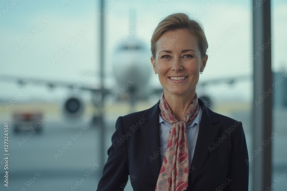 Head and shoulders Portrait of an elegant stylish Albanian 40 years old female flight attendant in uniform. Head and shoulders Portrait of an elegant stylish Albanian 40 years old female flight attendant in uniform.