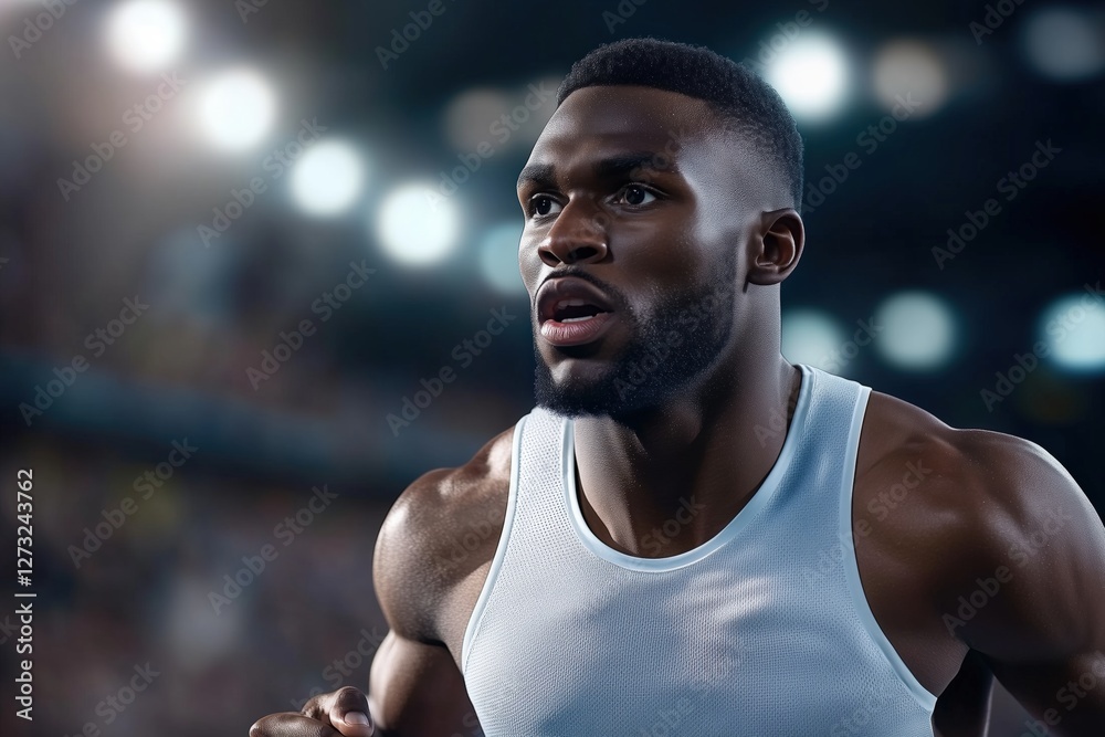 Fototapeta premium Determined male athlete in white running vest, focused during competition. Sports and motivation